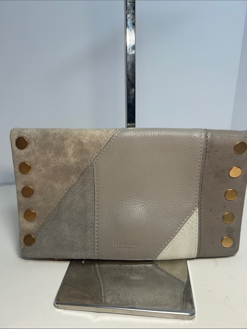 Hammitt Neutral Gray & Cream Leather Clutch with Gold Studs